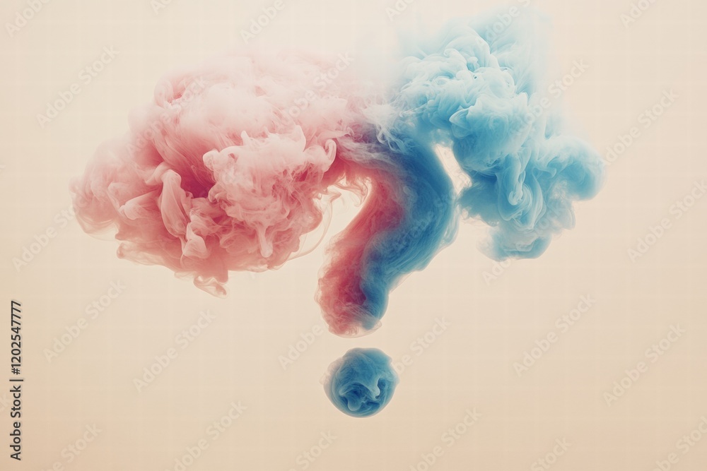 Poster colorful clouds of pink and blue smoke blend into a question mark shape in soft pastel tones. genera