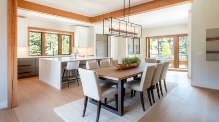 A cozy dining room with Mocha Mousse upholstered chairs, a rustic wooden dining table, and soft ambient lighting