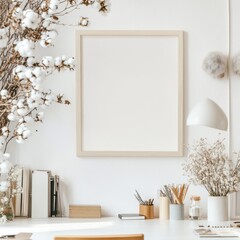 Obraz premium Blank frame mockup in minimalist home office.