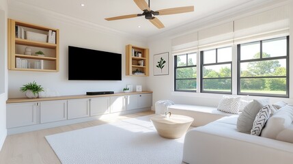 A creative family room with built in storage, modular furniture, and a wall mounted projector for entertainment