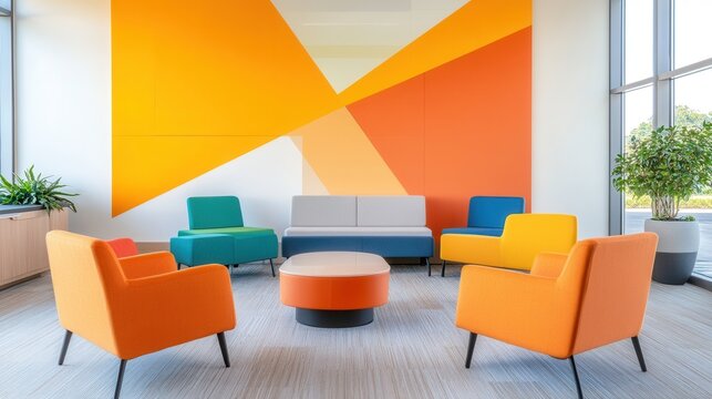 A creative meeting room with modular seating, writable walls, and colorful accent decor