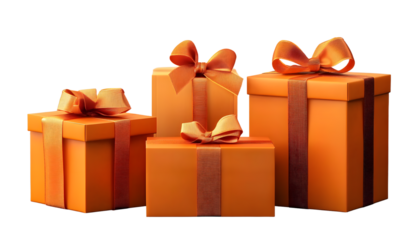 three orange gift box with ribbon set isolated on transparent background cutout