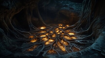 Mysterious cave with glowing roots and birds at night with light sources
