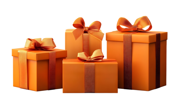 three orange gift box with ribbon set isolated on transparent background cutout