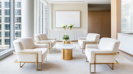 A high end boutique lounge with Mocha Mousse seating, brass accents, and atmospheric lighting