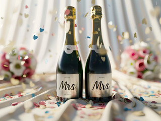A pair of champagne bottles with "Mr." and "Mrs." labels, surrounded by scattered confetti on a white tablecloth.
