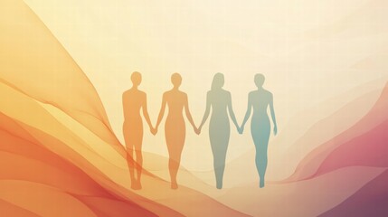 Silhouettes of people holding hands in an abstract landscape during a tranquil moment of connection and unity. Generative AI