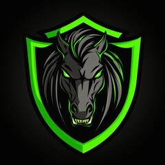Stylized dark horse head with green glowing eyes in shield emblem for gaming use