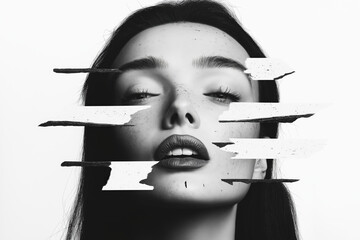Black and white portrait of a woman with fragmented overlay
