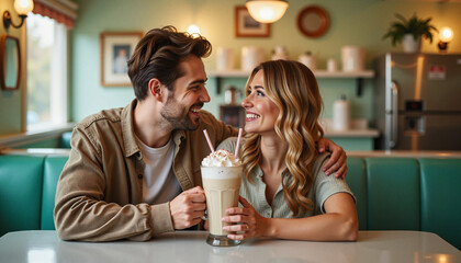 Happy couple sharing a milkshake in retro diner, sweet moment