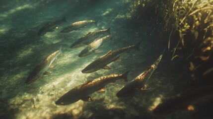 A school of fish swim gracefully through clear water with natural surroundings