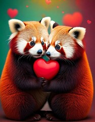 Two red Pandas holding a heart together
