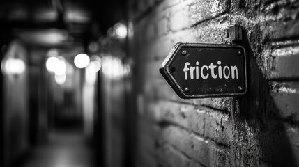 A dimly lit corridor with a brick wall exhibits a weathered sign labeled "friction," evoking a mood of mystery and vintage atmospheres.