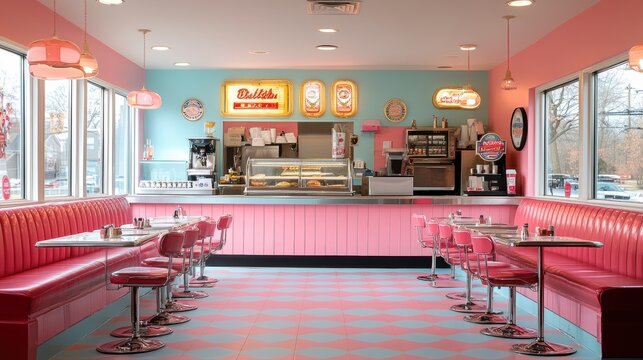 A vibrant vintage diner with a retro design featuring pink and teal decor, neon signs, and classic booth seating evokes nostalgic Americana charm.