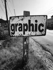 Weathered Wooden Sign with Distressed Paint Featuring the Word 'Graphic' on a Rustic Post in Rural Setting Alongside a Quiet Road