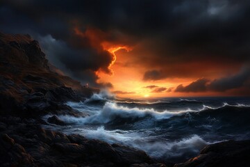 Obraz premium Dramatic coastal sunset, stormy sea, rocky cliffs