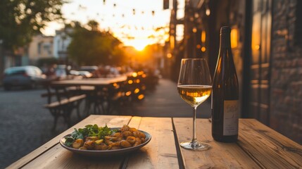 Fototapeta premium Sunset dinner at outdoor cafe; wine, food, city background.