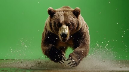 Obraz premium A Brown Bear with Sharp Claws Runs Through Splashing Water Against a Green Backdrop