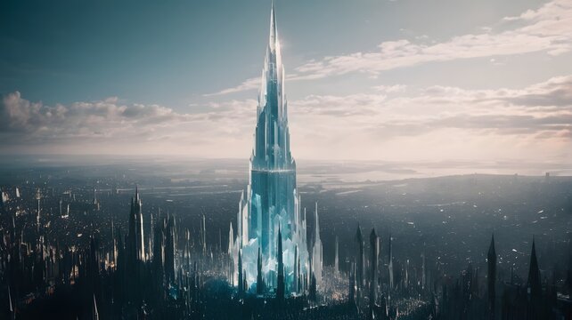 Aerial View of Crystalline Spire and Futuristic Cityscape
