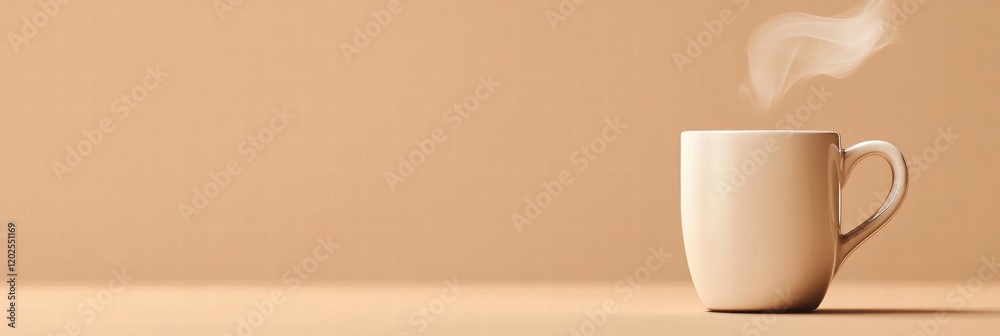 Poster cozy white mug with steam on a minimalistic surface in a warm setting during morning hours. generati