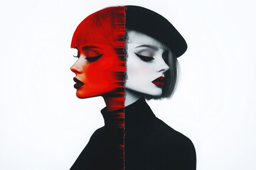 Split Profile of Woman with Red and Black Color Scheme