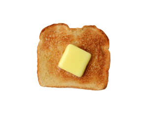 Overhead shot of a piece of buttered toast. A pat of melting butter is in the middle of the toasted white bread
