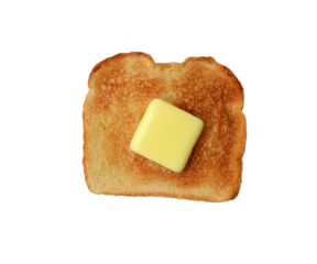Overhead shot of a piece of buttered toast. A pat of melting butter is in the middle of the toasted white bread