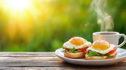 Delicious Breakfast Plate with Sunny-Side Up Eggs on Toast, Fresh Tomato and Arugula, Steaming Coffee Cup, Wooden Table Setting, Morning Sunlight, Outdoor Breakfast Vibes.