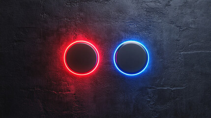 A modern digital panel with a red and blue button, two buttons separated by a box, blurred background, empty caption space on the side symbolizing chaos and control in a tech-driven world

