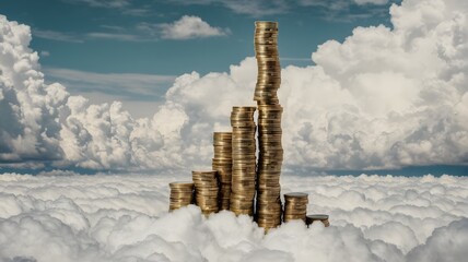 Stacks of Gold Coins in a Cloudy Sky