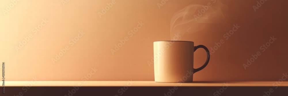 Poster warm cup of coffee resting on a wooden table with steam rising in a cozy setting during the morning 