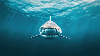 Fototapeta premium Witness the fierce elegance of a shark gliding through the deep blue, showcasing its raw power as a predator.