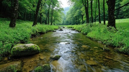 Obraz premium Serene creek flows through lush green forest. Nature background for peace, tranquility, and environmental themes