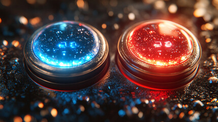 A modern digital panel with a red and blue button, two buttons separated by a box, blurred background, empty caption space on the side symbolizing chaos and control in a tech-driven world

