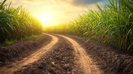Lush sugarcane plantation in Asia with vibrant greenery and rows of crops set against a blurred natural landscape, evoking growth, prosperity, and the rural agricultural life of the region

