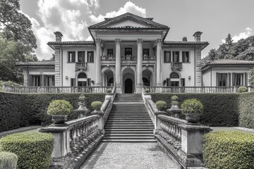 Obraz premium A Majestic Historical Mansion with Elaborate Architectural Details and Symmetrical Design Surrounded by Manicured Gardens and Lush Greenery Under Clear Blue Skies