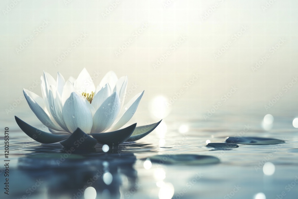 Poster beautiful white lotus flower floating on calm water during sunrise with soft reflections and gentle 