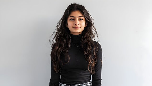 
A full-body studio portrait of an attractive young Indian woman wearing a black long-sleeve top and a checkered skirt, standing in front of a white background. She is looking at the camera with a neu