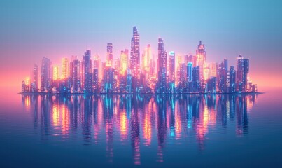 Fototapeta premium City lights reflected on calm water at sunset. AI.