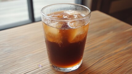Iced coffee in a glass on a wooden table.