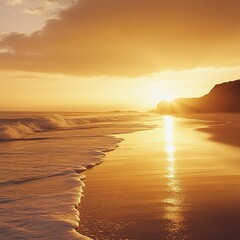 Naklejka premium Golden sunset over ocean waves on sandy beach. (3)