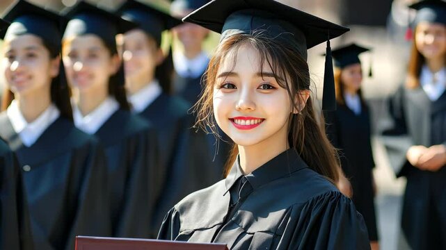 Young woman beams with pride on graduation day, holding her diploma among classmates, soaking in the sunny outdoor vibe.