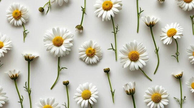 Chamomile daisy buds and stems brightly patterned on a white background, Ai Generated