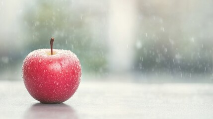 Red apple with water droplets on a windowsill during rain.