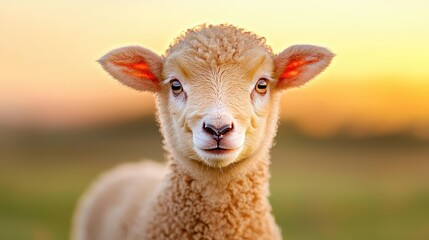 Fototapeta premium Lamb portrait, sunset pasture, rural scene, springtime