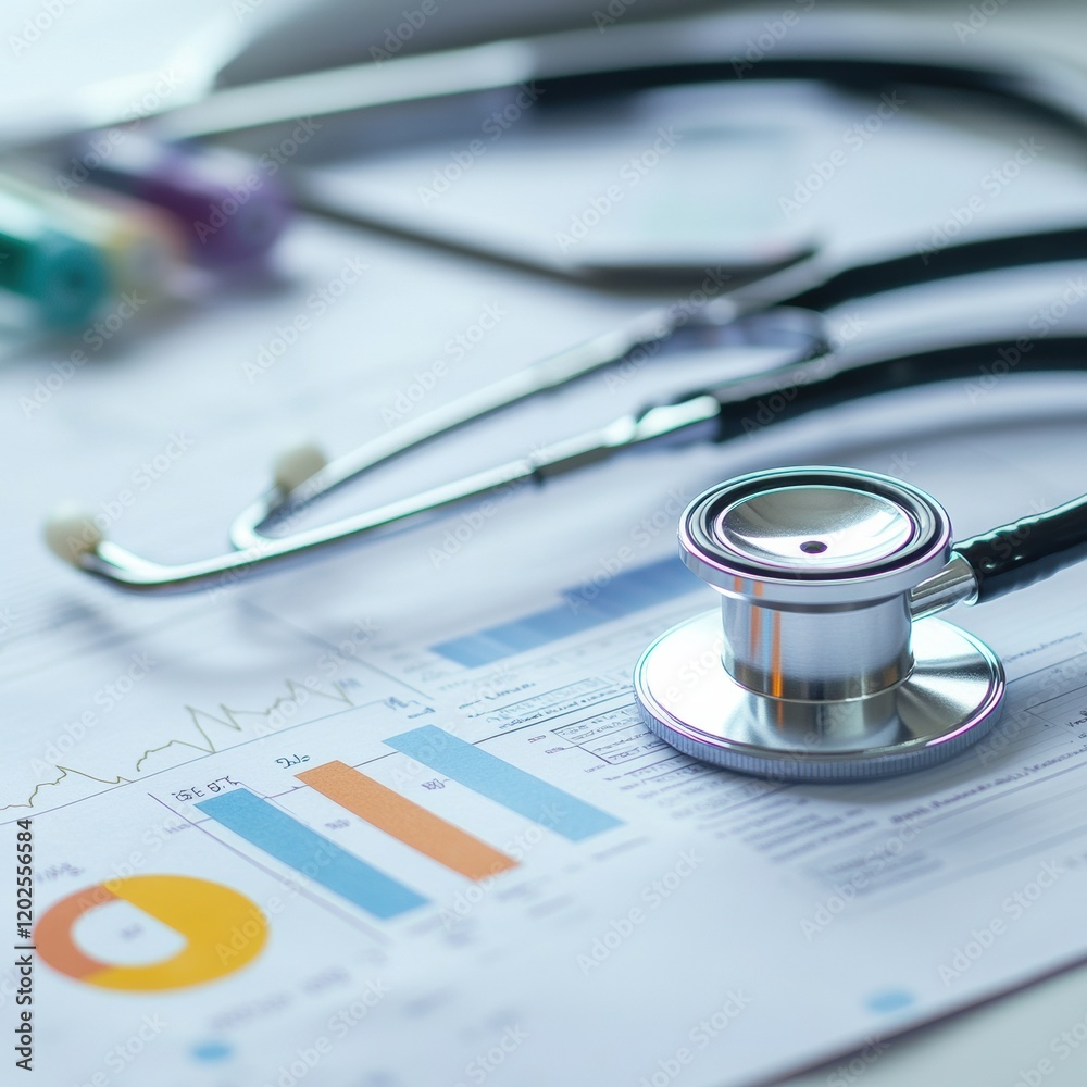Poster Health analysis report with stethoscope on office desk displaying charts and graphs for medical evaluation. Generative AI