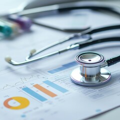 Health analysis report with stethoscope on office desk displaying charts and graphs for medical evaluation. Generative AI