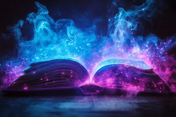 Fototapeta premium Magic book emitting glow with swirling energy and smoke