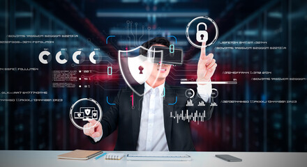 Businessman with goggles working while using security protection. Manager with formal suit checking and accessing at safety system by using augmented technology with data center background. Ingenuity.
