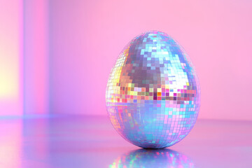 Shiny egg with a reflective disco ball design on pastel background